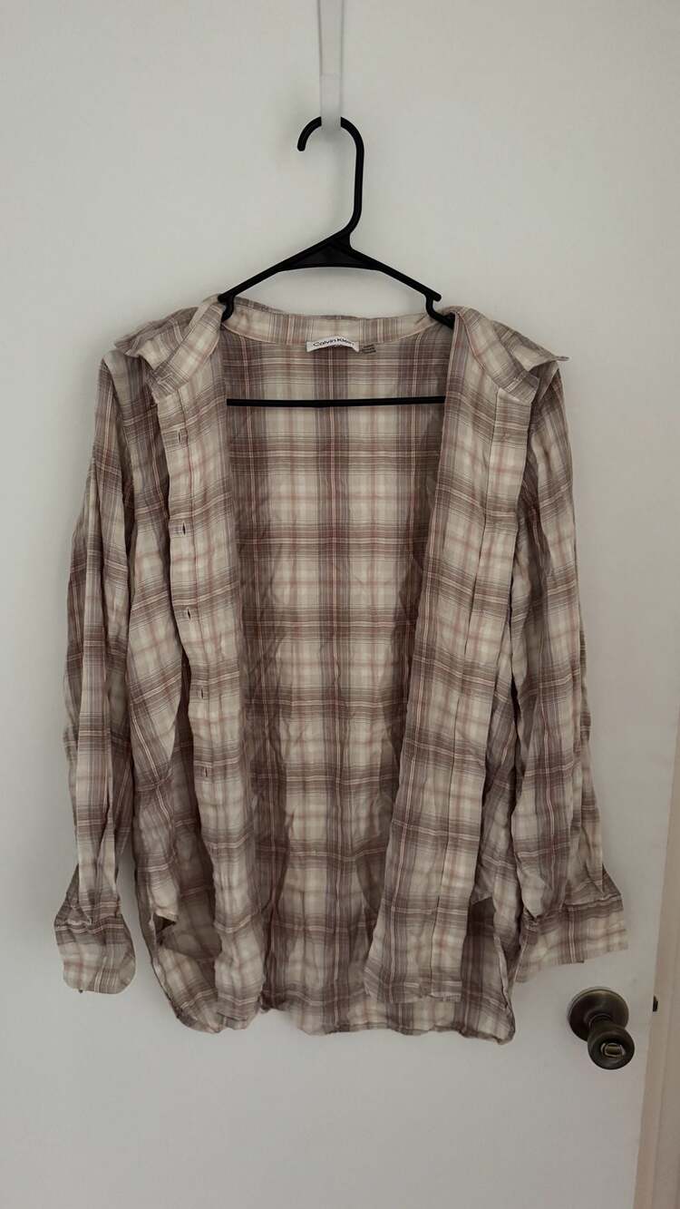 Calvin Klein Plaid Long Sleeve Button-Up Shirt Brown Beige